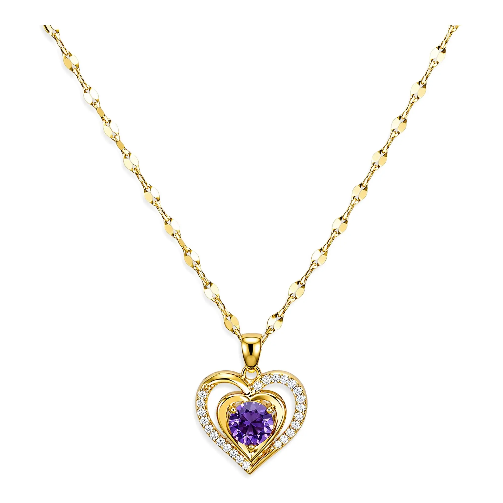 Women's Purple Heart Pendant Necklace - Stainless Steel Gold-Tone Chain, Sparkling Cubic Zirconia Charm, Dainty Non-Natural Crystal Jewelry Gift for Necklace Lovers, Necklaces, Crystal Necklace