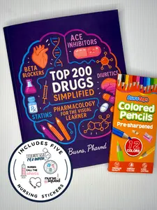 The Ultimate Nurse Review Kit - Top 200 Drugs Coloring Book + 12-Color Pencils + Nursing Stickers