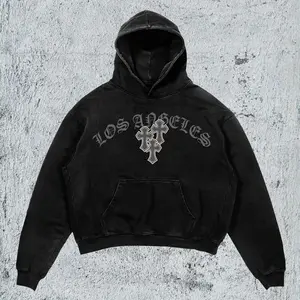 Gothic Lettering Cross Graphic Hoodie Y2K Aesthetic Distressed Black Pullover Unisex Streetwear Top with Heavyweight Fabric Oversized Fit & Kangaroo Pocket