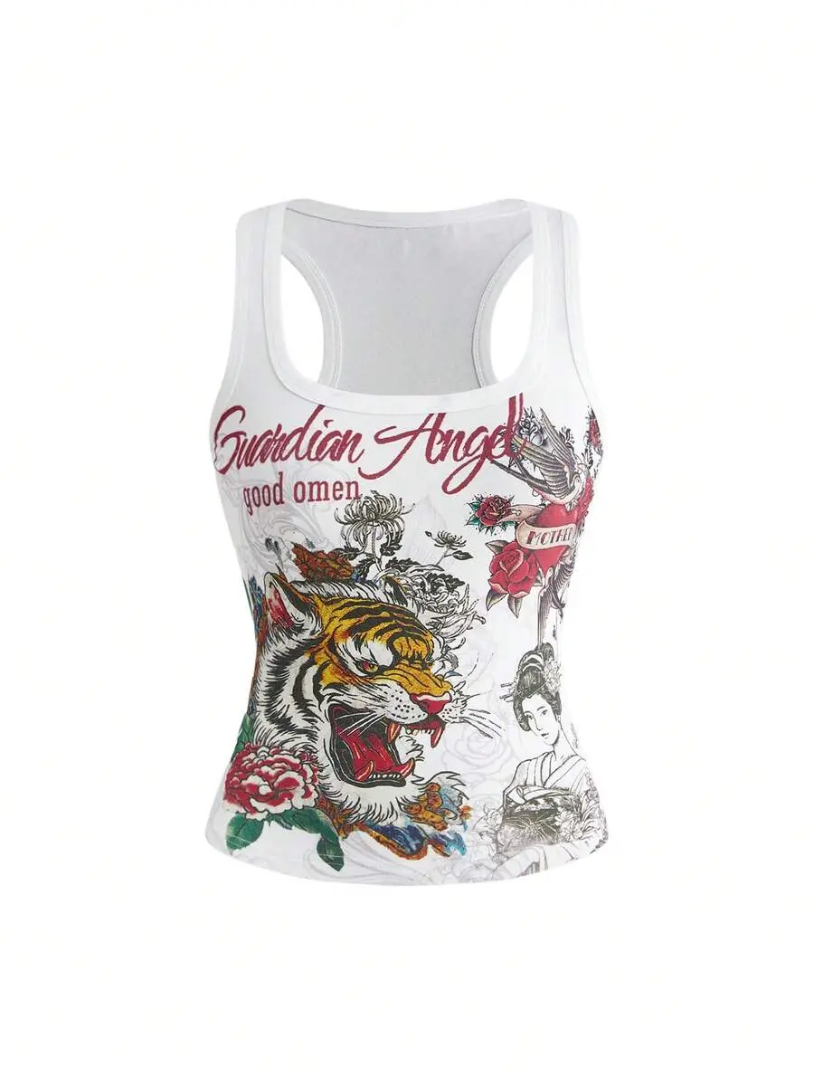 MARIBEL Grunge Punk Y2K Retro Tiger Vine Faux Tattoo Print Tight Racerback Tank Top