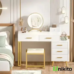 Unikito Vanity  Desk Set with Stool and LED Mirror, Chic Mid-Century Design, Includes Ample Storage Drawers and Adjustable Organizers power outlet vanity  desk
