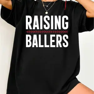 Raising Ballers Baseball Mom Graphic Tee, Funny Mama Game Day Shirt, Vintage Soft Cotton Casual Top for Baseball Season, Trendy Gift for Sports Loving Moms