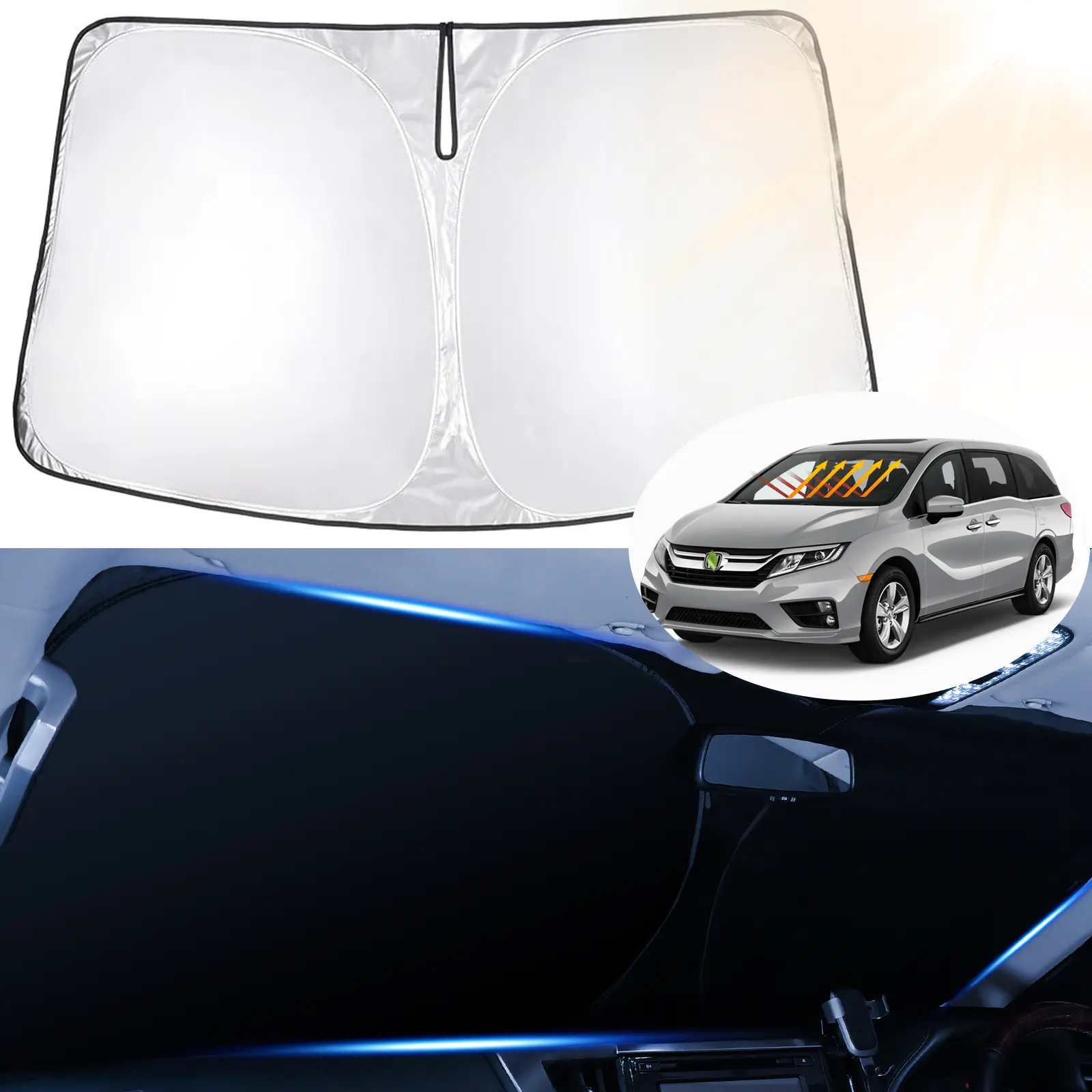 Canvcle Full Windshield Automotive Glass Sunshade for 2011-2026 Honda Odyssey LX EX EX-L Touring Elite Minivan, 240T Reflective Fabric, 99% UV Blocking, Foldable Portable Car Accessory, Travel Heat Shield, Outdoor Car Sun Shade