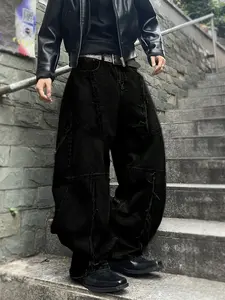 Men's Solid Color Fringed Wide-Leg Denim Jeans Pants - Menswear Natural Loose Classic Casual Streetwear Style, Versatile & Trendy, Must-Have for Daily Outdoor Wear, All-Season Men's Bottoms