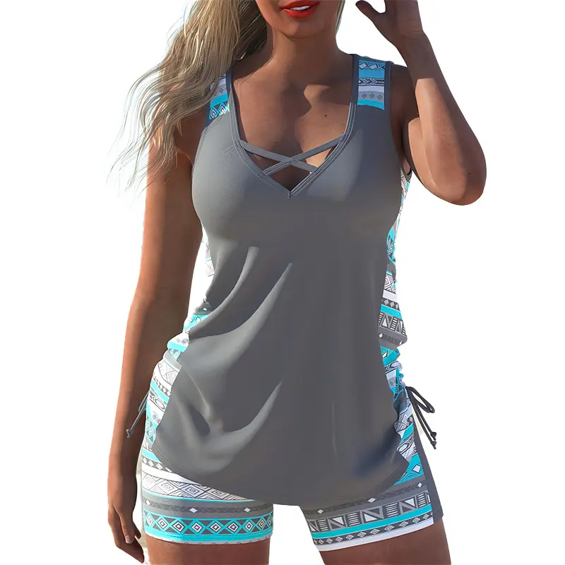 Women's 2-Piece Strappy Crisscross Tankini Bikini Set - Gray Turquoise Tribal Print, Elastane Tummy Control Plus Size Sun Protection Swimwear, Side Ties, Stretch Knit, Machine Wash for Pool Vacation, Bathing Suit, Bikini Sets