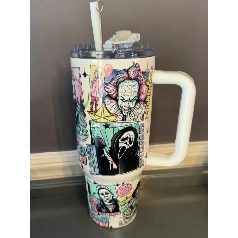 Horror Movie Tumbler: Spooky Slasher Stainless Steel Cup with Handle