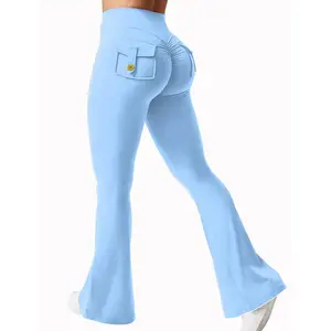 Outdoor Gym Sports Pants Flared Sports Leggings for Women with Pockets Hidden Pleats High-Waisted Seamless Yoga Leggings Suitable for Dating Running Fitness All Seasons Skinny Sportswear