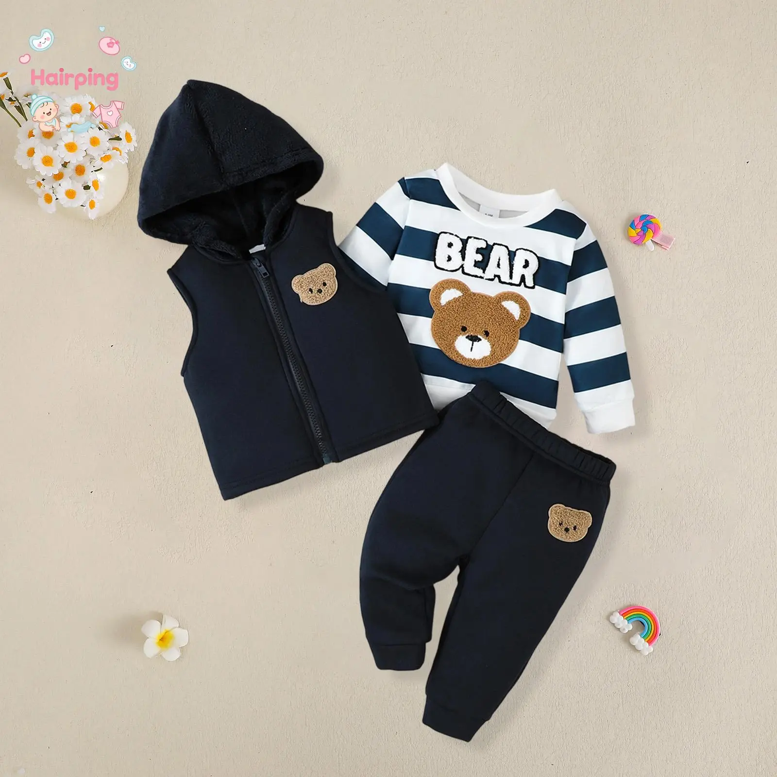 3Pcs Toddler Boy Winter Outfit Long Sleeve Crew Neck Bear Embroidery Sweatshirt Jogger Pants and Vest Coat, Fashionable Toddler Apparel, Soft, Cuddly & Perfect for Daily Wear