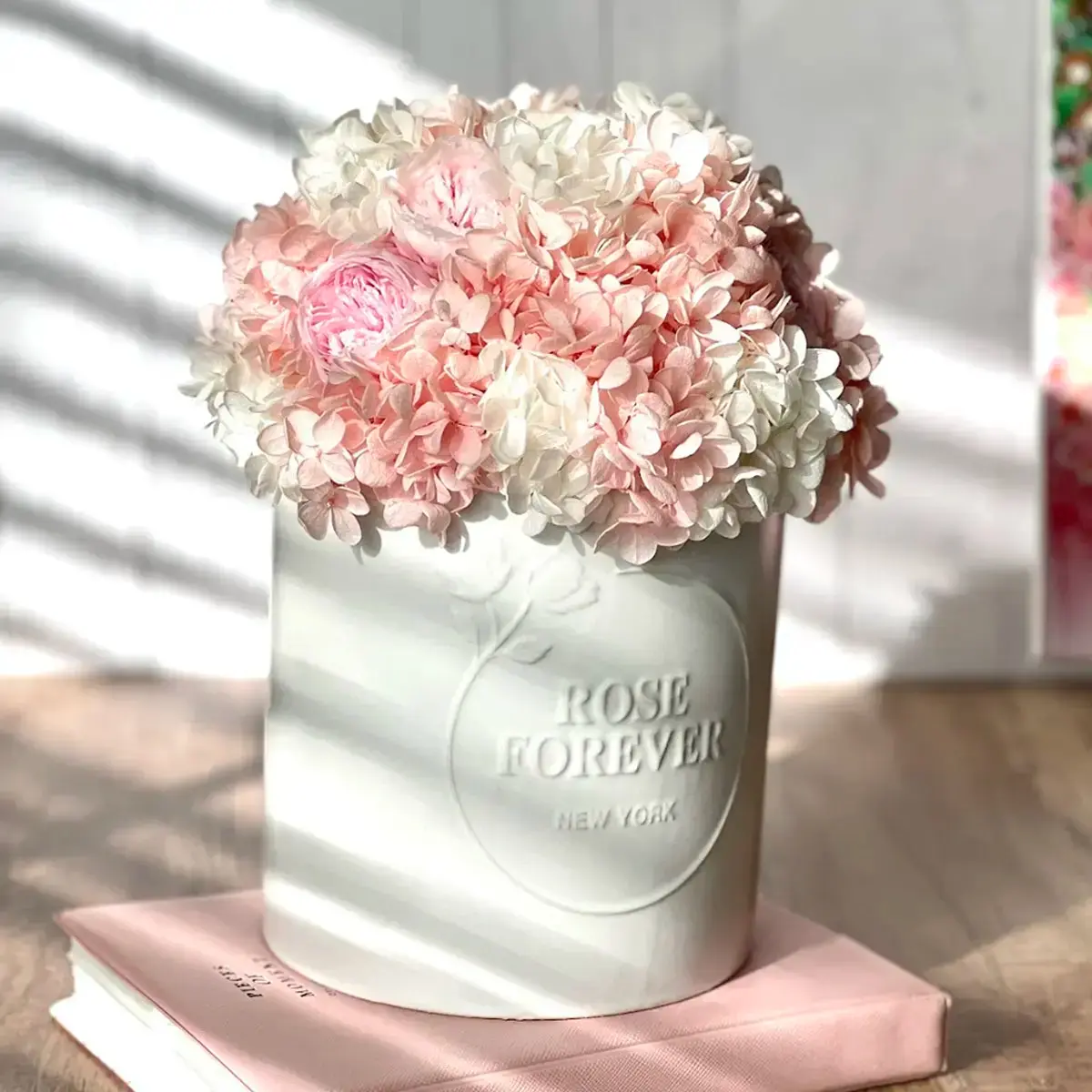 Parisian Preserved Hydrangea Flower Bouquet with Ceramic Vase - Rose Stamp Decorative Home Decor Piece, 11x11x13in Tabletop Display, 9in(d)x11.8in(h), Compact Box Packaging