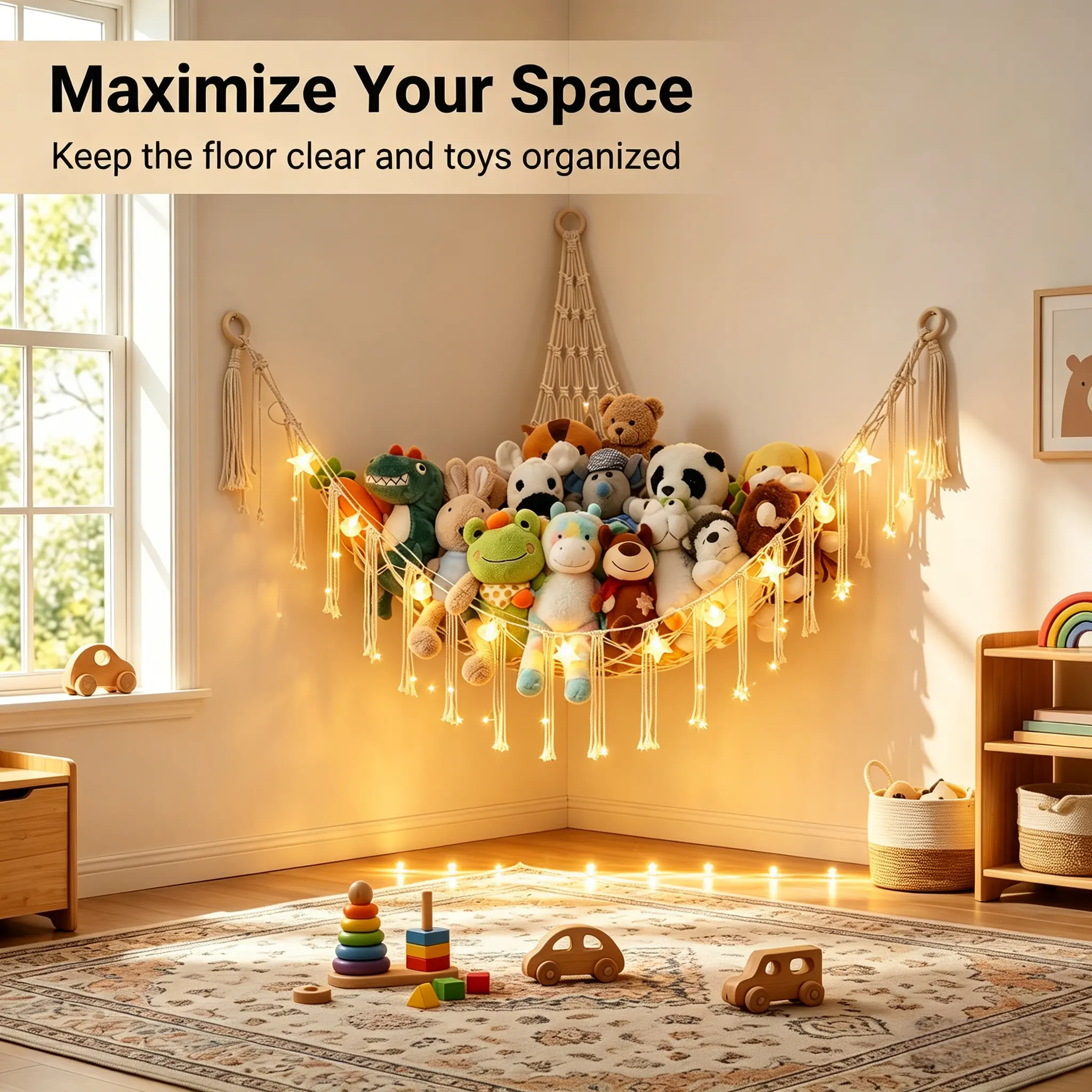 60-In Hangable Cotton Boho Shabby Chic LED-Lit Window Hammock - Eco-Friendly Chemical-Free French Country Home Organizer, Whimsical Room Decor, Cute Stuffed Look Nursery Toy Storage Hanging Accessory