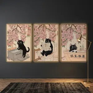 Japanese-Style Funny Black Cat 3-Piece Wall Decor Set, Cute Vintage Animal Art Posters, Playful & Charming Bathroom Wall Art, Lightens Up Your Bathroom & Toilet Space, Available Framed or Unframed