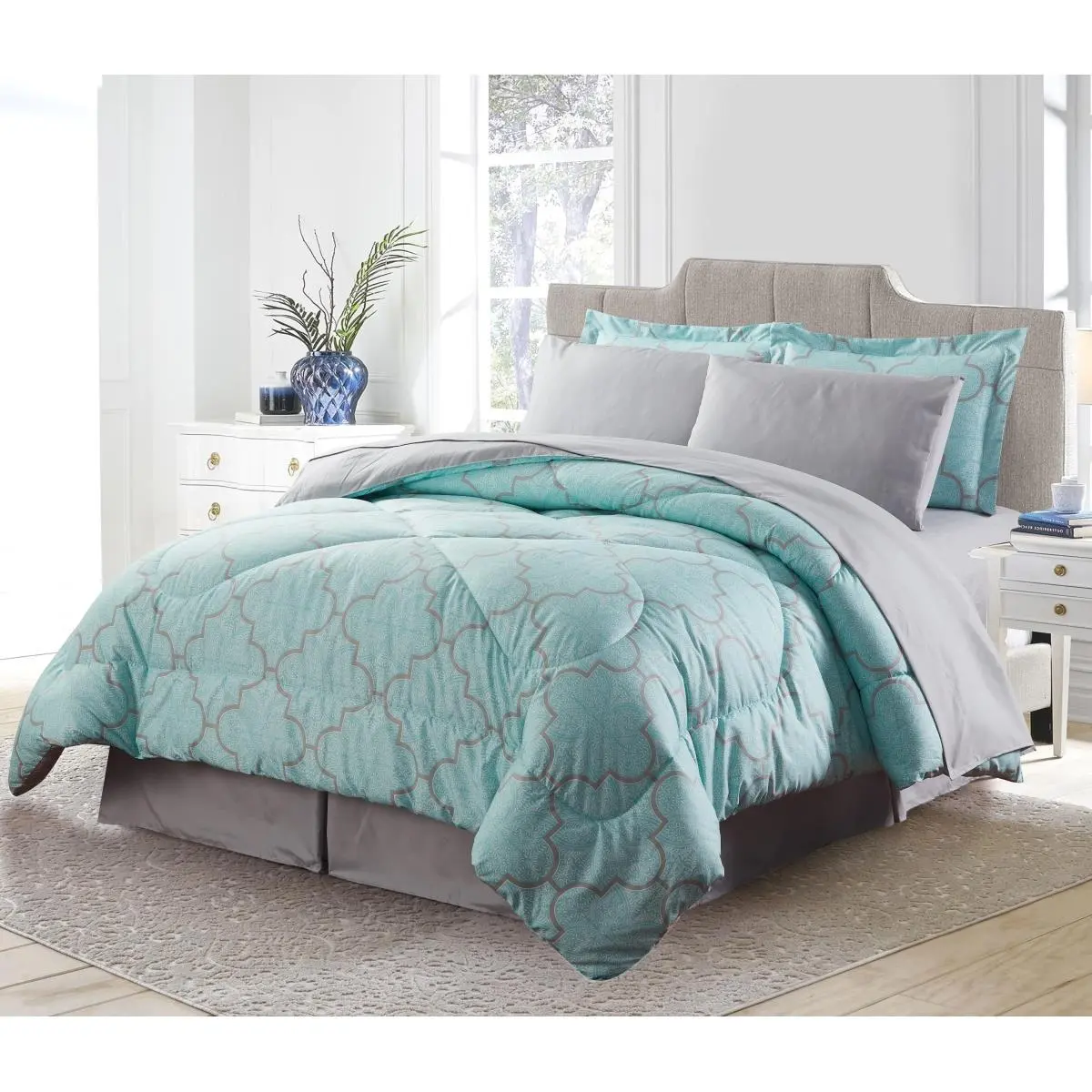 212 MAIN 8-Piece Queen Size Double-Stitched Down Alternative Bed in a Bag Comforter Set - Breathable, Soft Microfiber Decorative Duvet & Bed Sheet Set with Trellis Print for Home Use, Breathable Duvet Set