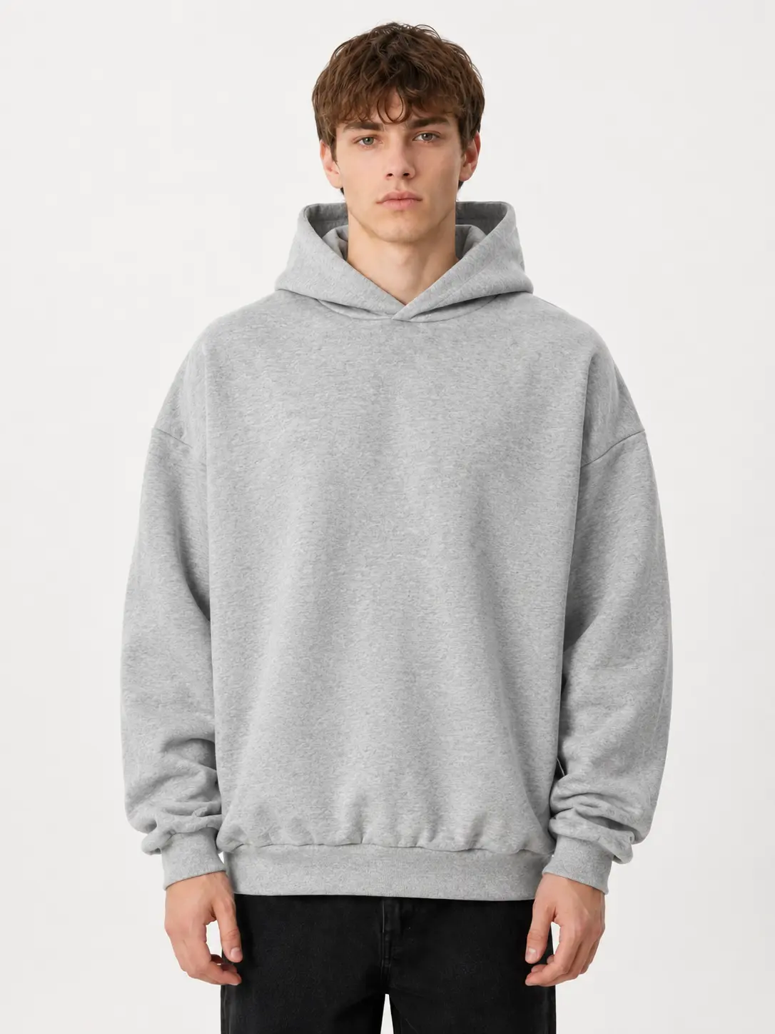 Men's FW24 Light Heather Gray Hoodie, Hidden Side Pocket Ribbed Cuff Soft Fleece Loose Streetwear Basic Pullover Sweatshirt