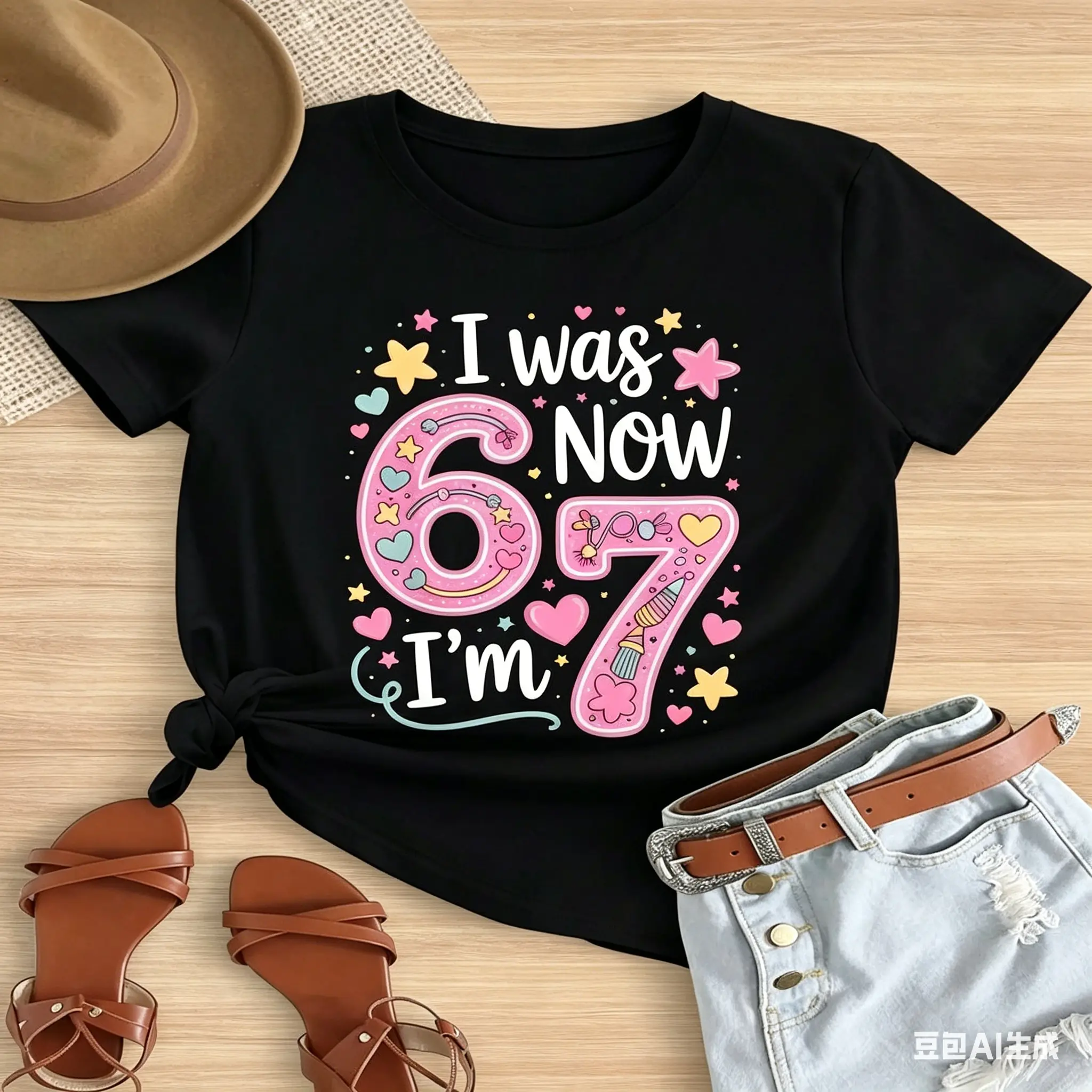 Girls' Soft Cotton Fitted Short-Sleeve Graphic T-Shirt, 10-11 Years/11-12y Kids Clothing Girls, Round Neck, Heart Balloons & "I'm 6 Now I'm 7" Bold Graphics, Summer Party/Daily Wear, Lightweight Cool Athletic Fit