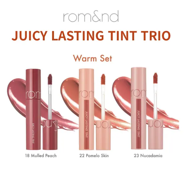 rom&nd Juicy Lasting Tint Trio Set, Buildable Korean Lip Stain with a Glossy Finish, Blend for Daily Lip Combos - Cool or Warm Tones
