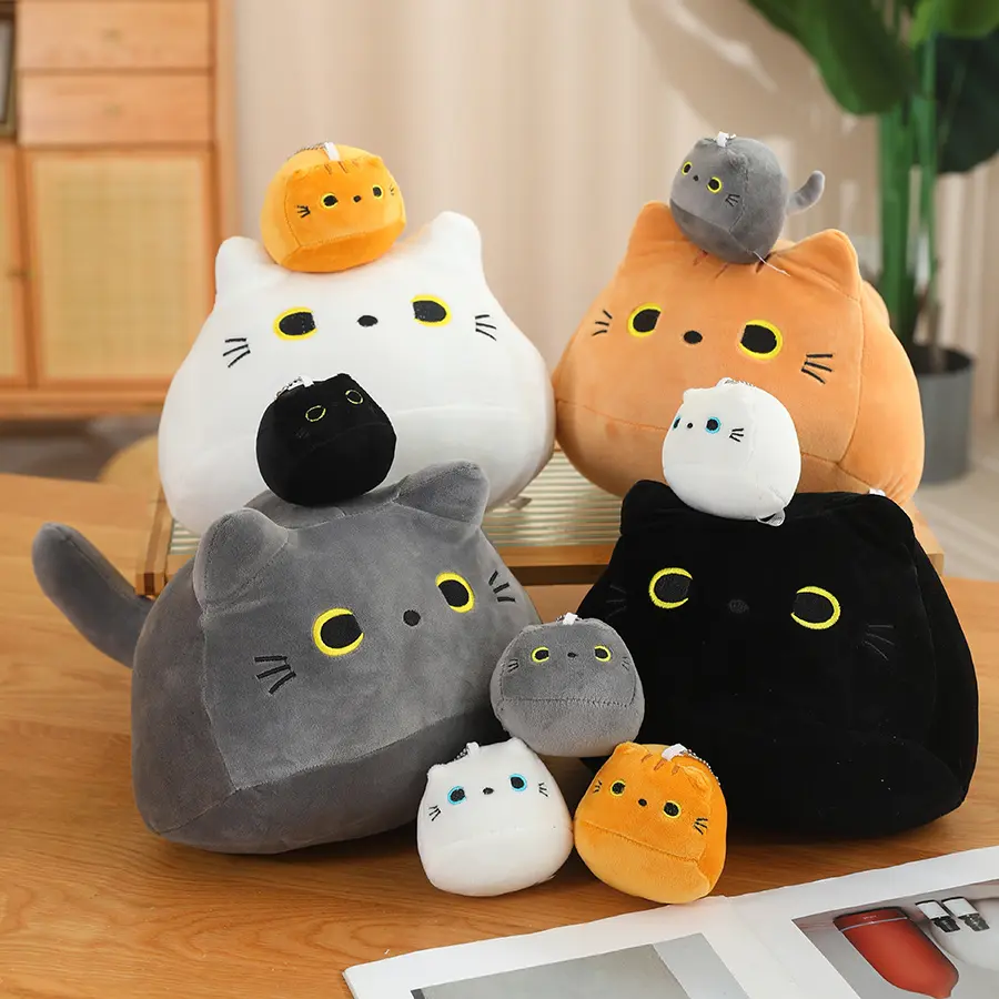 Cute Cartoon Cat Plush Toy Set, Soft Huggable Stuffed Animal Gifts, Cats Mom + 4 Babies, Ideal Halloween Christmas Gift, Home Decor, Mother's Day Present