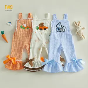 Toddler Littler Girl Easter  Ruffle Overalls  Bunny Embroidery Sleeveless Plaid Flare Pants Jumpsuit Adorable Holiday Romper