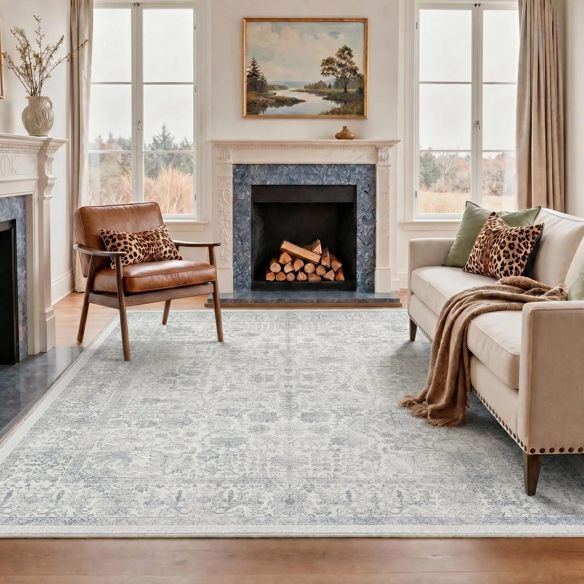 【Back To School】GENIMO Floor Carpet Machine Washable Area Rug Non Slip Pet Friendly Soft Rug for Living Room Bedroom Kitchen Hallway Home Decoration,ARP5878-BLUE GREY