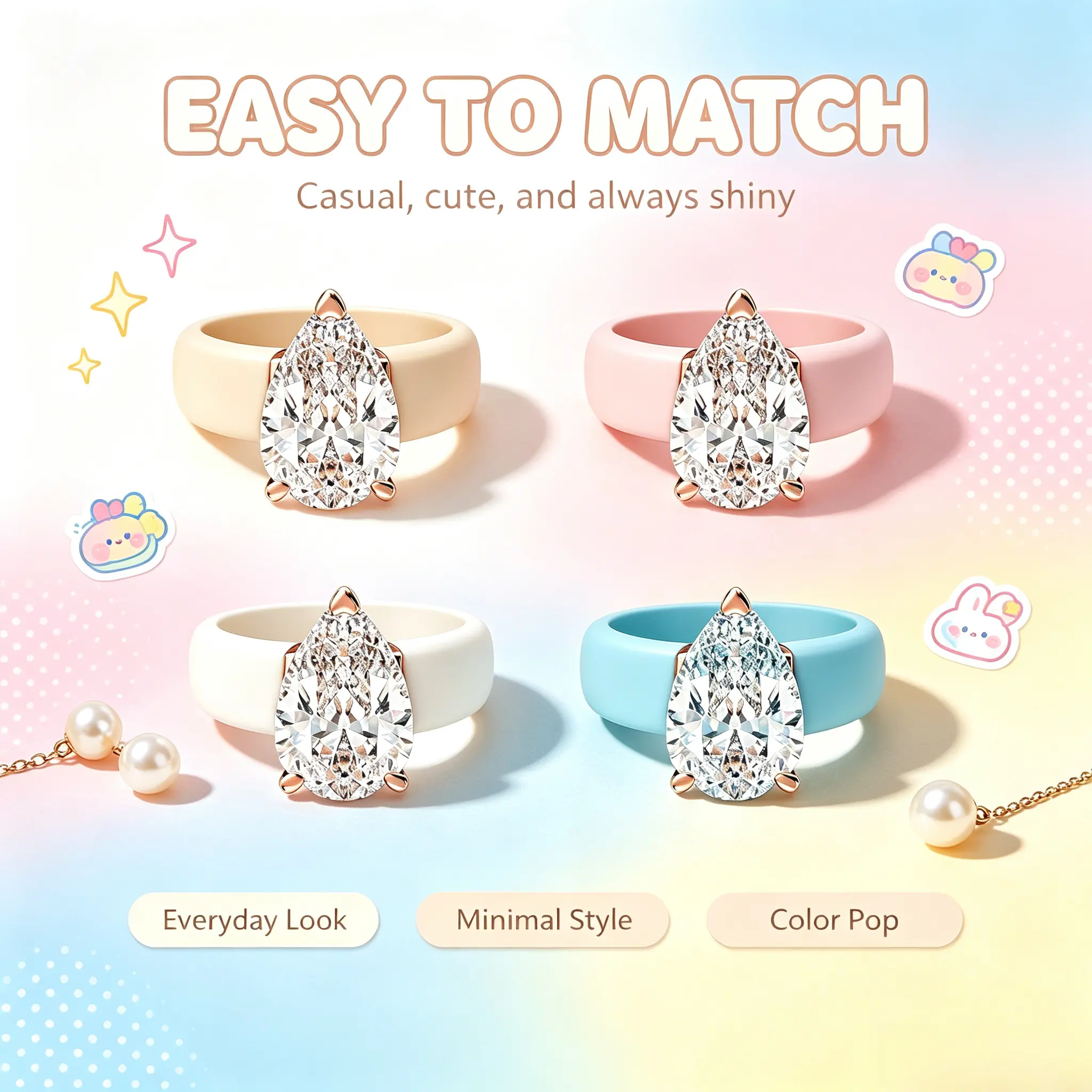 Women’s Luxury Silicone Ring with Sparkling Marquise CZ Stone, Rose Gold Prong Setting, Flexible Comfortable Wedding Band for Sports & Daily Wear