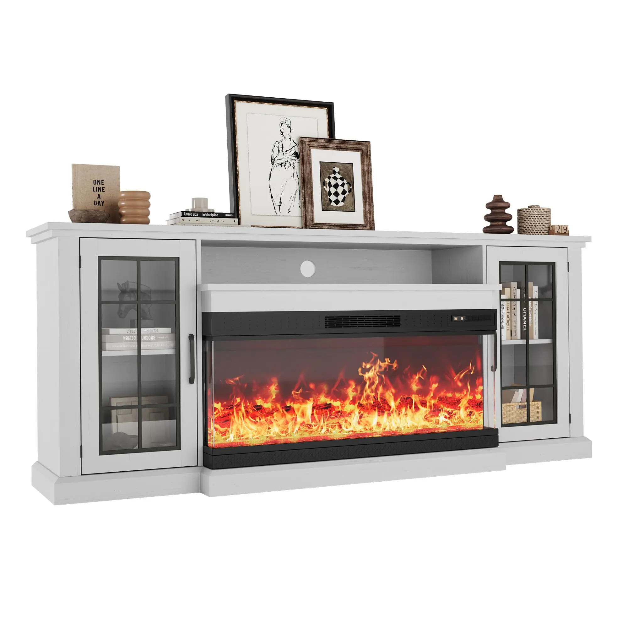 Garvee Fireplace Entertainment Center with 3-Sided Glass, Adjustable LED Flame, Glass Doors, and Storage Shelves for Modern Electric Fireplace Console, Fits Screens up to 85" and 75"
