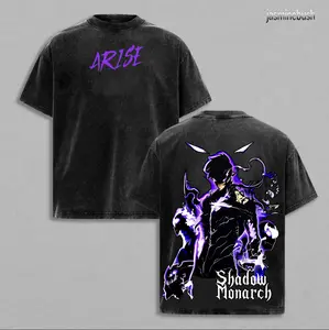 Solo Leveling Shadow Monarch Vintage Washed T-Shirt, Sung Jinwoo ARISE Dark Anime Tee, Oversized Purple Flame Streetwear Heavy Cotton Graphic Top