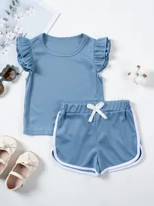 Toddler Cute 2Pcs Sets Girl's Solid Ruffle Trim Tee & Lettuce Trim Shorts Set, Casual Round Neck Top & Shorts for Daily Wear, Kids Summer Clothes Outfit, Gift Set