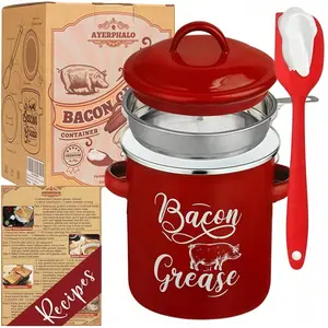 46 0Z Bacon Grease Container with Strainer -1.3LLarge Capacity, With Silicone Spatula, EnamelBacon Grease Keeper for Bacon Drippings,Farmhouse Red Kitchen Decor, Dishwasher Safe