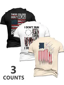 Men's Hot Selling 3-Piece Set Matching Flag Pattern Letter Print Fitted T-Shirts, Short Sleeve Round Neck Pullover, Casual Summer Tops for Daily Wear