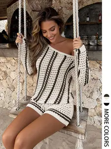 Elegant Women's Spring Summer Fashion Casual Asymmetrical Striped Off-Shoulder Long Sleeve Hollow Out Sweater Set, Drawstring Shorts