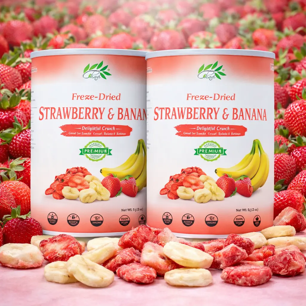 CHAVI Freeze-Dried Strawberry Banana Snacks - 2-Packs (4 oz Each), Non-GMO Antioxidant Superfood, Vitamin-Rich, No Added Sugar, Lactose-Free, Vegan, Gluten-Free, No Added Preservatives, Ideal for Cereal, Yogurt, Salads