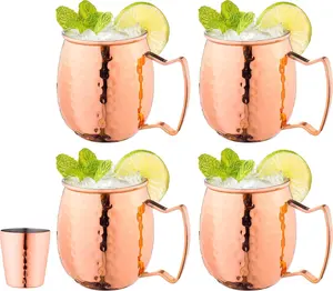 Royalty Art Moscow Mule Mugs - Set of 4 Copper Mugs with Shot Glass - 16oz Classic Cups for Home, Kitchen, and Bar Drinkware Stylish Cocktails Drink drinking glass tumbler gift