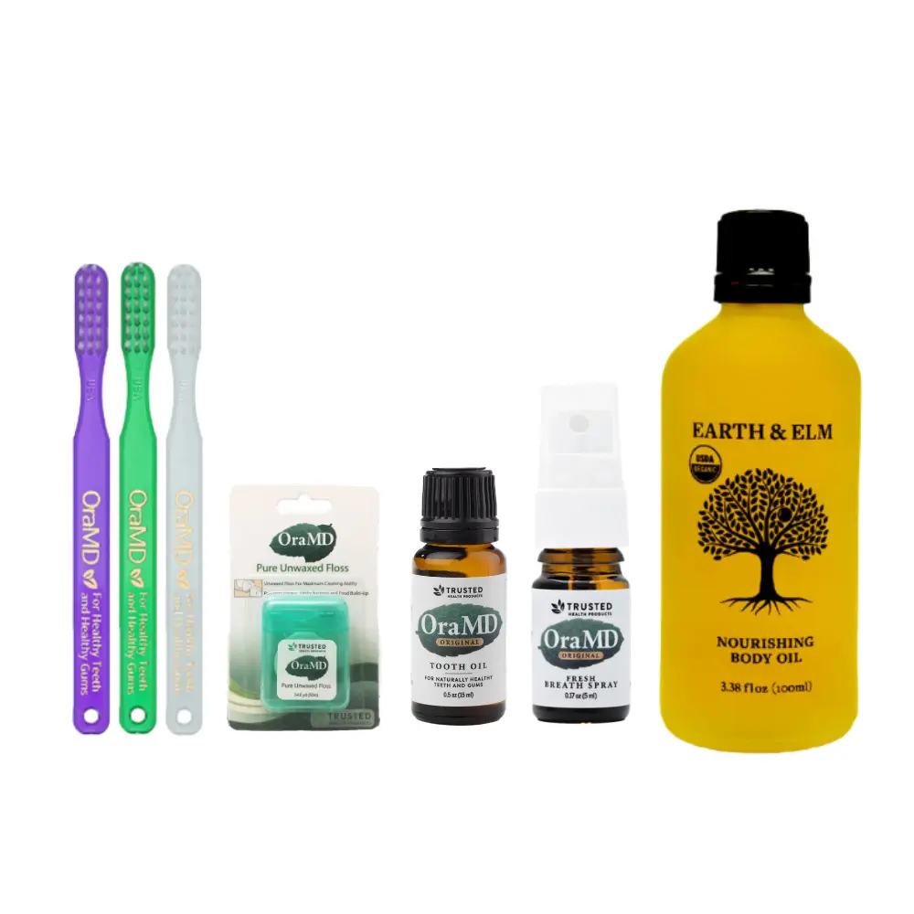 Morning Routine Bundle - Earth & Elm Nourishing Body Oil, OraMD Tooth Oil, Bad Breath Spray, Unwaxed Floss, Dr. Bass Toothbrush - Natural Skin Care & Oral Hygiene Set