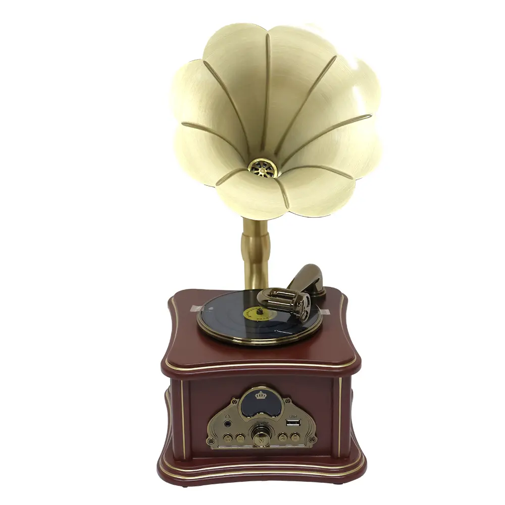 Brown Vintage Mini Wooden Body Gramophone Speaker - Bluetooth Stereo Audio Device with EU Plug, Aux Input, Earphone Jack, USB Port, Wireless Connection for Music Players