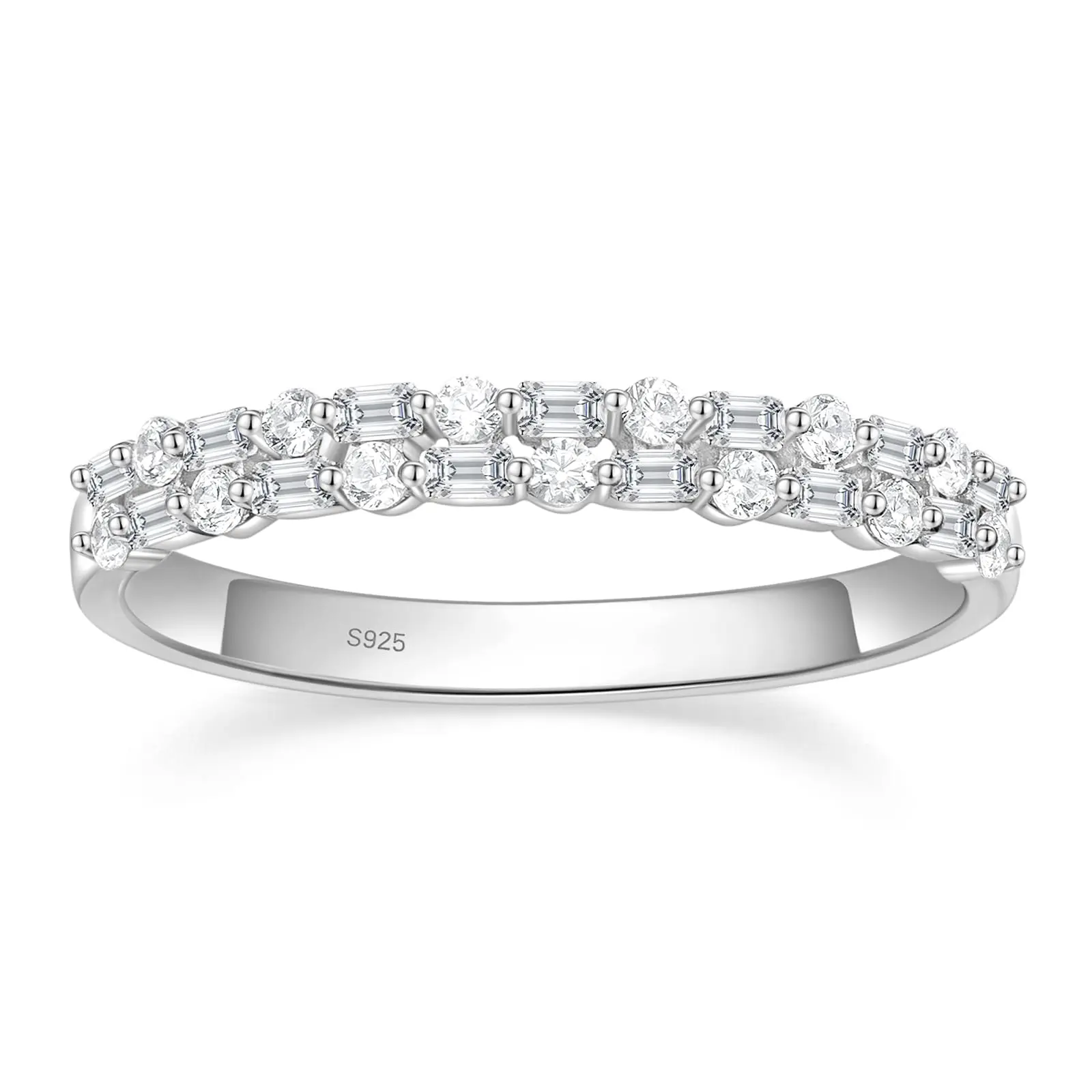 EAMTI 925 Sterling Silver Wedding Bands for Women Baguette Round Cubic Zirconia Two-Row Eternity Band Stackable Engagement Rings