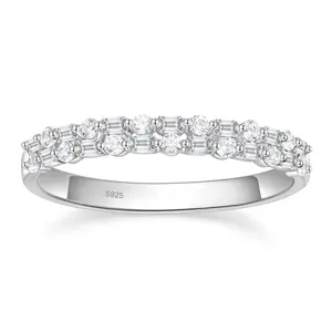 EAMTI 925 Sterling Silver Wedding Bands for Women Baguette Round Cubic Zirconia Two-Row Eternity Band Stackable Engagement Rings