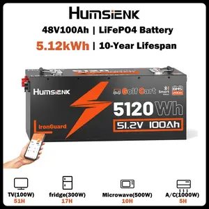 Humsienk 48V 100Ah LiFePO4 Bluetooth Battery for Golf Cart, Metal case defends, Built-in 200A BMS, 50+ Mile Range for RV, Solar Marine, Off-grid Digital Power Display