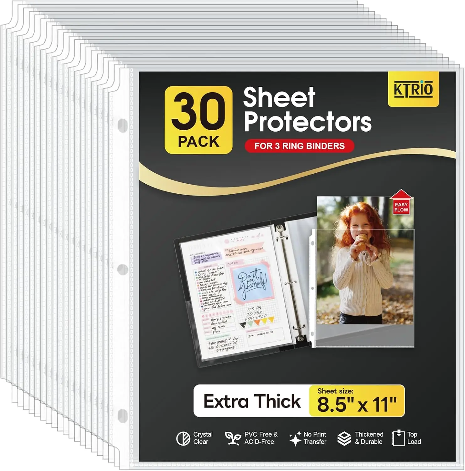 KTRIO Heavy Duty Sheet Protectors 8.5 x 11 inch, 3 Mil Thick Clear Page Protector for 3 Ring Binder, Plastic Sleeves for Binders, Top Loading Paper Document Sleeve Letter Size, Office & Home, 30 Pack Durable Non Print Transfer Protective Covers
