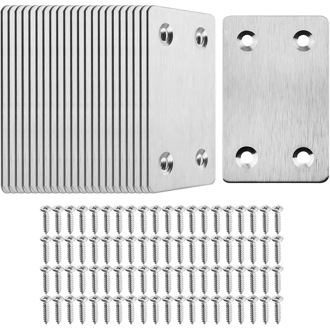 20-Pack Stainless Steel Flat Brackets with 80x Matchable Screws, 0.06in Thick 4-Hole Straight Joining Plates (60x38x1.5mm/2.4 inches x1.5 inches), Rust-Resistant Wall Mount Hardware for TV Mount Stand & Window Frame Mending