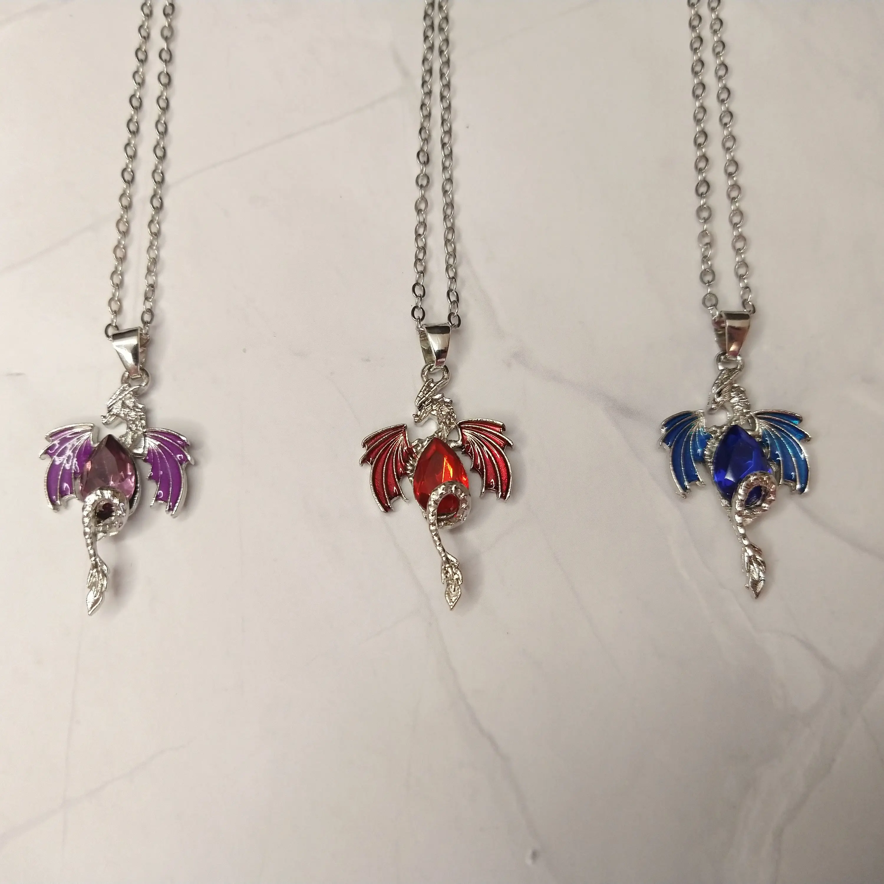 #219 Silver Dragon with Colored Wings & Matching Pear Shape Rhinestone 18 inch + 2inch extender Necklace, Casual, Mythical Jewelry, Alloy