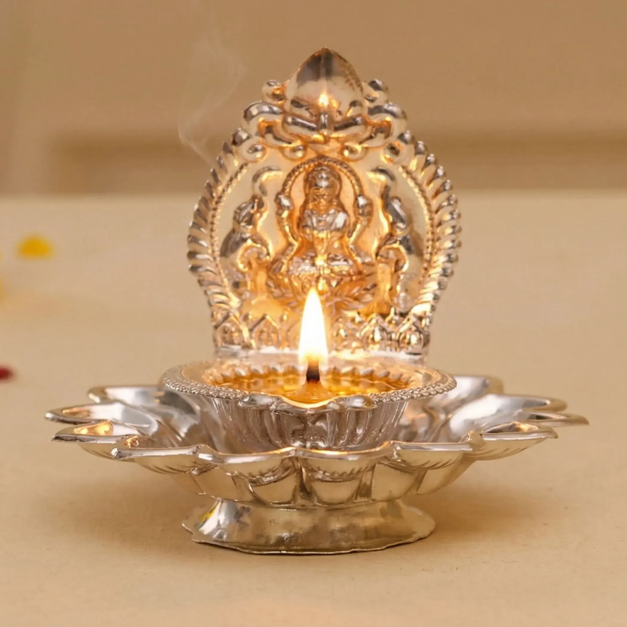 Divine Silver-Plated Lakshmi Diya | Sacred Pooja Lamp for Diwali, Weddings, Housewarming | Elevate Rituals with Timeless Grace (Pack Options)