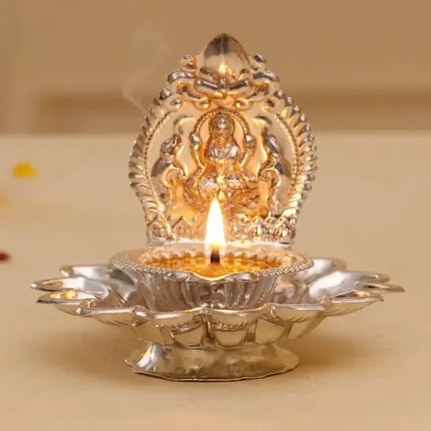 LoveNspire Silver-Plated Lakshmi Diya with 3.5 in Standing Silver Plate - Sacred Religious Goddess Pooja Light, Lakshmi Motif Decorative Home Spiritual Decor, Religious Festive Decor Gift (Pack Options)