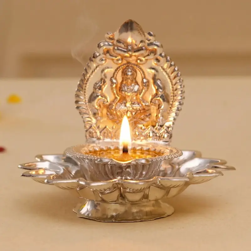 LoveNspire Silver-Plated Lakshmi Diya with 3.5 in Standing Silver Plate - Sacred Religious Goddess Pooja Light, Lakshmi Motif Decorative Home Spiritual Decor, Religious Festive Decor Gift (Pack Options)