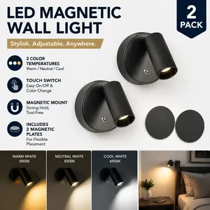 2-Pack Smart LED Magnetic Wall Lights Set of 2, USB Rechargeable, 3 Color Modes, Touch Panel Control, Adjustable Brightness, Indoor Lighting