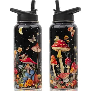Insulated 32 oz Mushroom Water Bottle with Straw and Lid, Reusable Leakproof Stainless Steel, Mushroom Gifts for Women