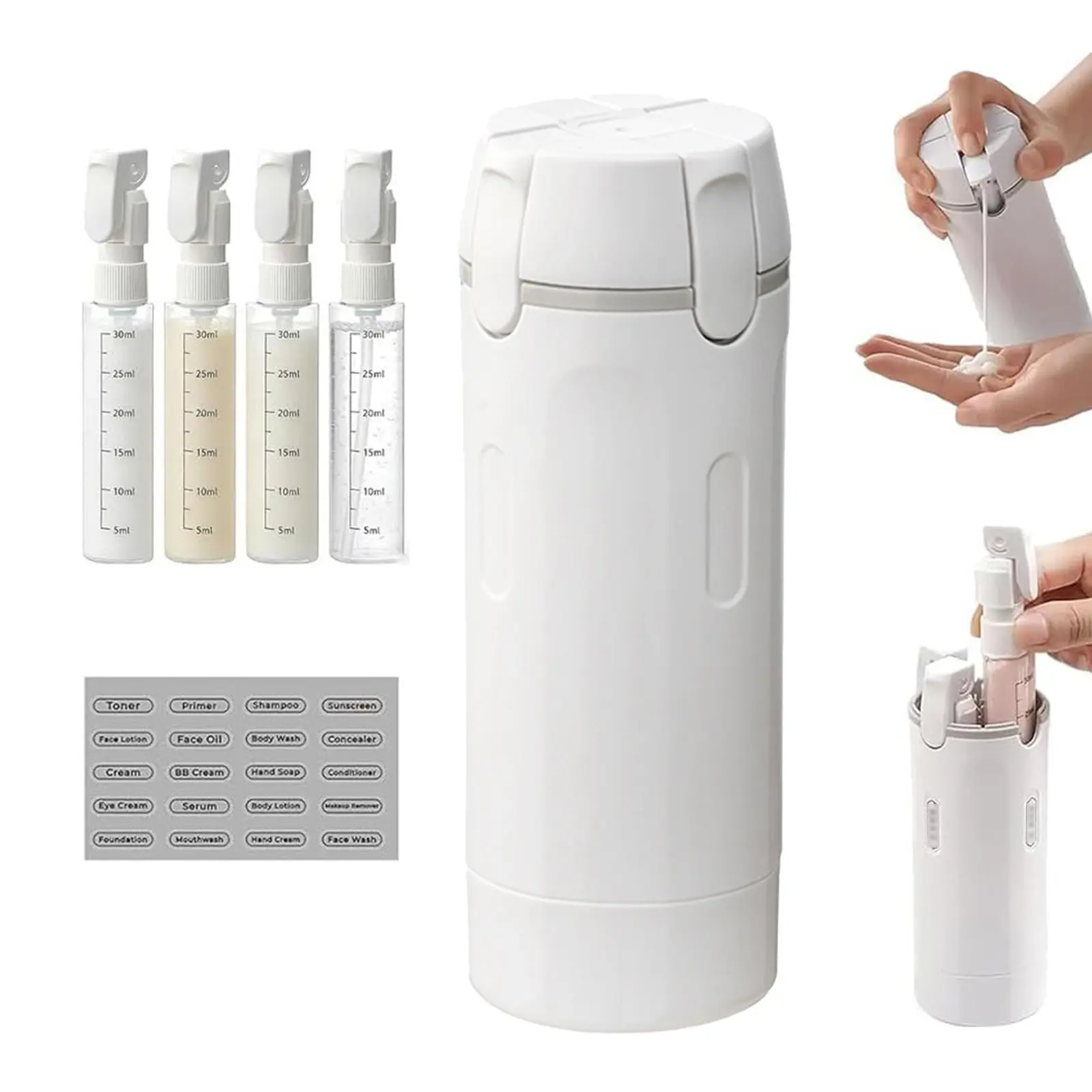 4-in-1 Travel Dispenser Bottle, Home Organizer Storage Bottles & Jars with Ease of Use Easy Press Smooth Flow, Lightweight Plastic Container for Cosmetics Shampoo Lotion, Portable Wholesale Canister