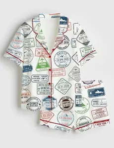 Womens World Passport Stamp Pajama Set Paris Rome London New York Travel Lover Loose Comfy Short Sleeve Shorts Summer Sleepwear Wanderlust Gift for Traveler