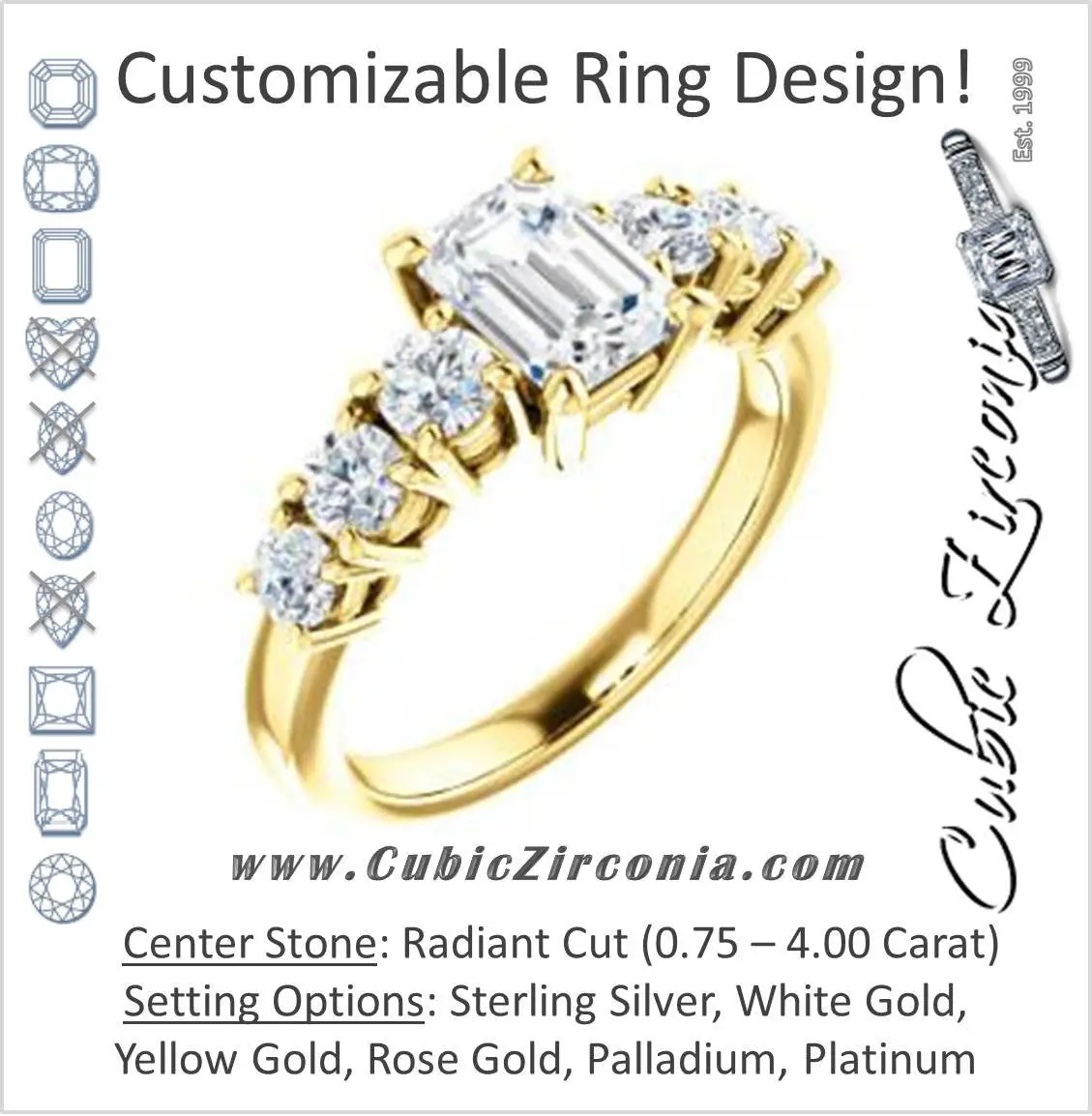 Cubic Zirconia Engagement Ring- The Mysti (Customizable Radiant Cut Seven-stone Design with Round Prong Accents)