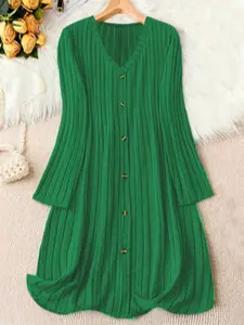 Vertical Striped V-Neck Knit Dress, Simple Elegant Chic Style, Fitted Casual Wear, Perfect for Fall & Winter, Women's Fashion, Womenswear Piece