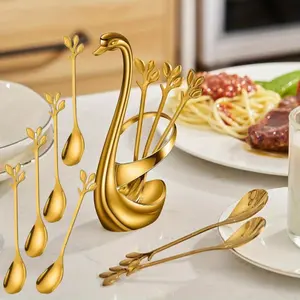 Gold Small Coffee Spoon Holder Set,Swan Base With 10 Pcs Demitasse Espresso Spoons Set,4.7" Mini Leaf Dessert Spoon,Stainless Steel Tea Spoons