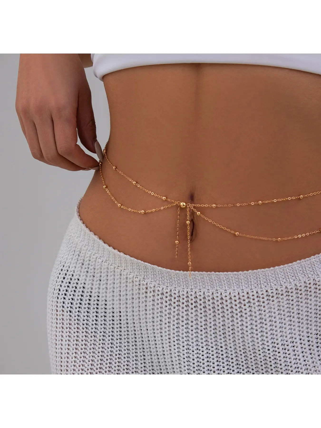 European and American cross-border accessories Fashionable and sexy double-layer fine chain tassel body chain for women Versatile metallic round bead waist chain Beaded